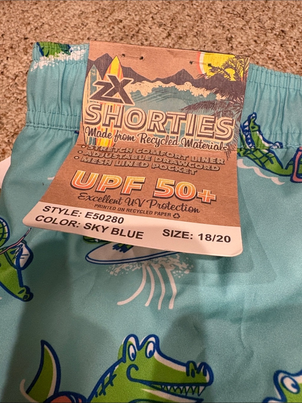 Light Aqua Alligator Swim Trunks with Surf Print - Picture 3 of 3